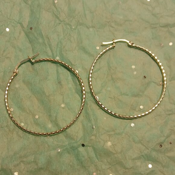 Sterling Silver Sparkle Hoop Earrings 1.5 in Large Lightweight - Picture 1 of 7